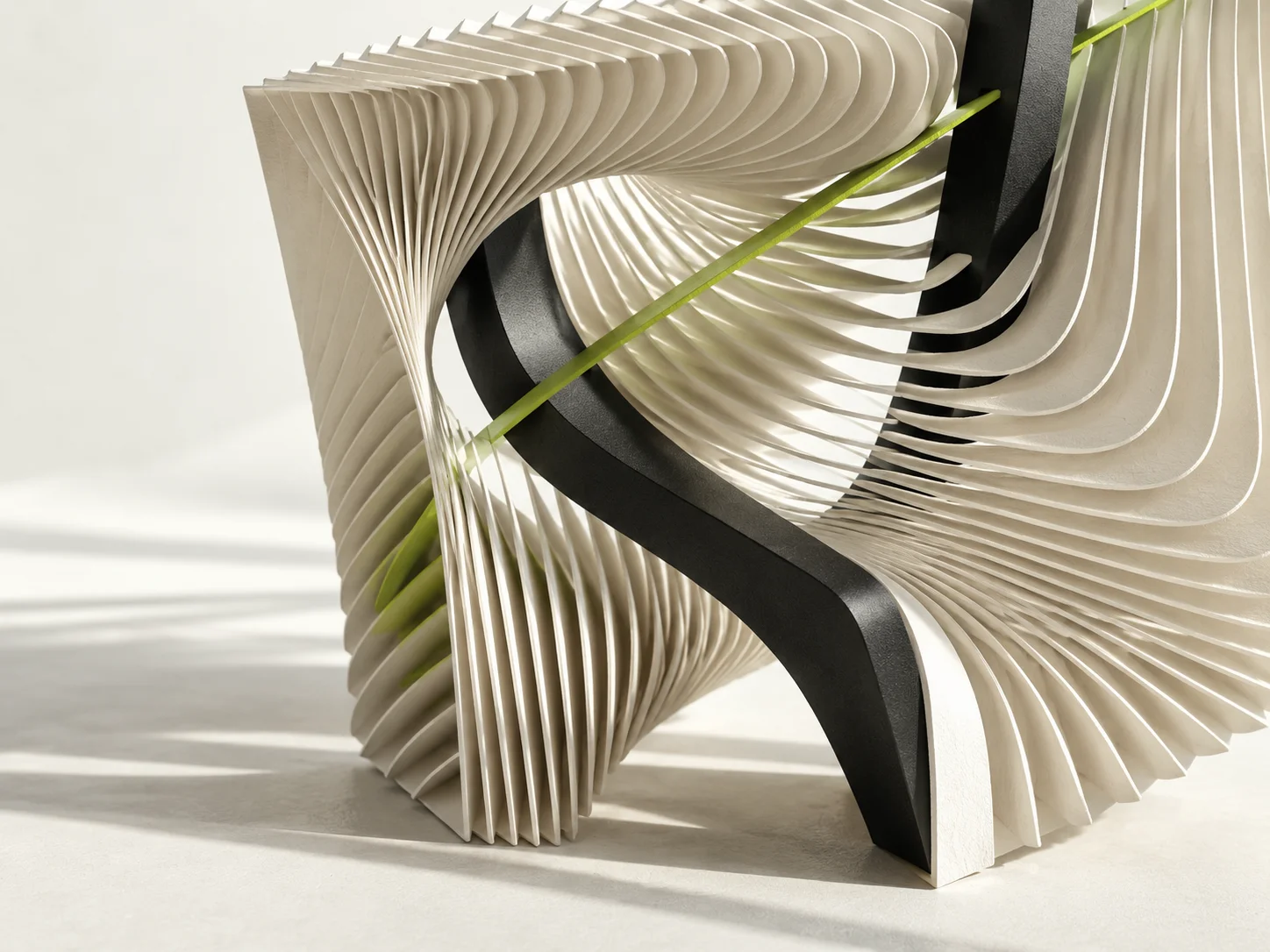 Sculpture of precise white layers intersected by a black structure and a lime line.