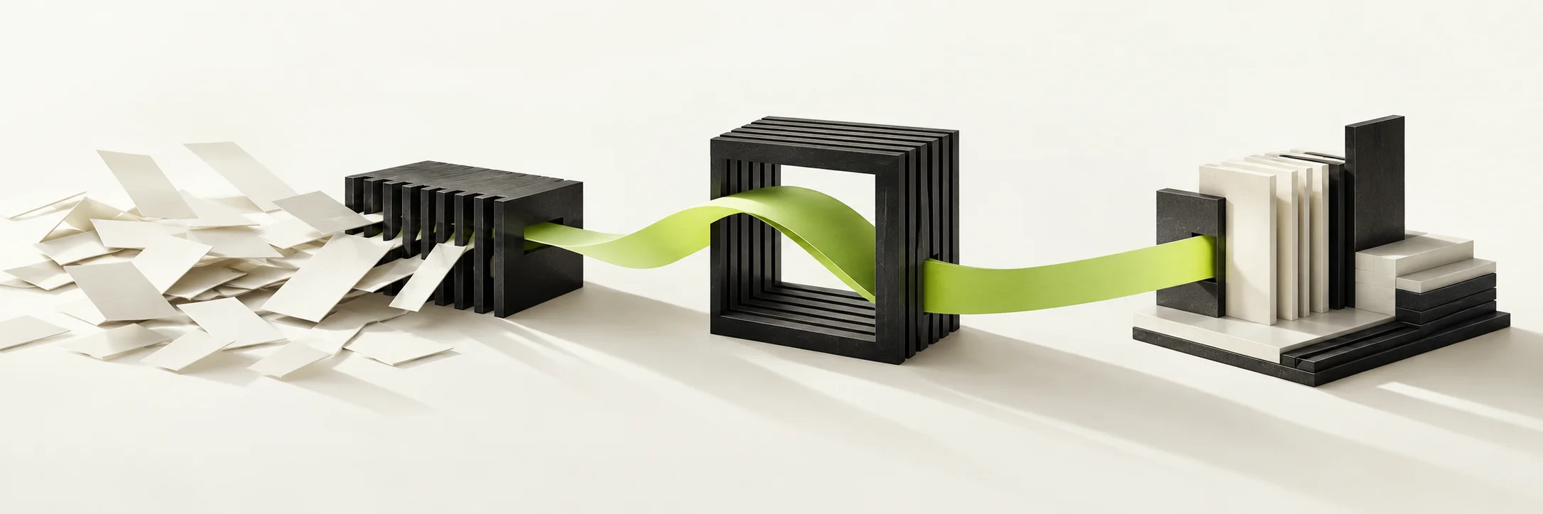 Sculptural composition: scattered papers move through precision structures linked by a lime ribbon and become an organized whole.