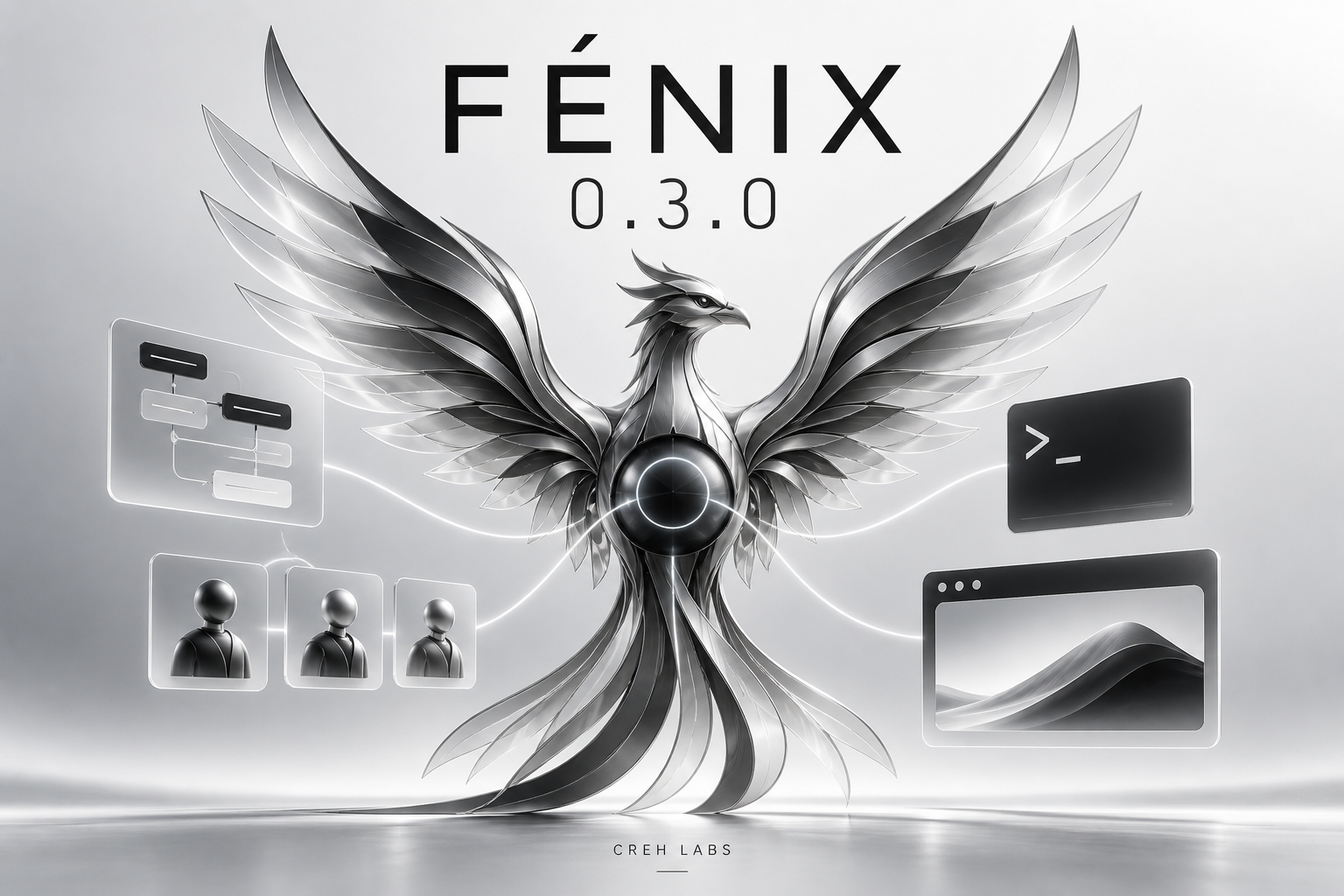 Conceptual Fénix 0.3.0 illustration: a metallic phoenix connects planning, subagents, a terminal and a browser.